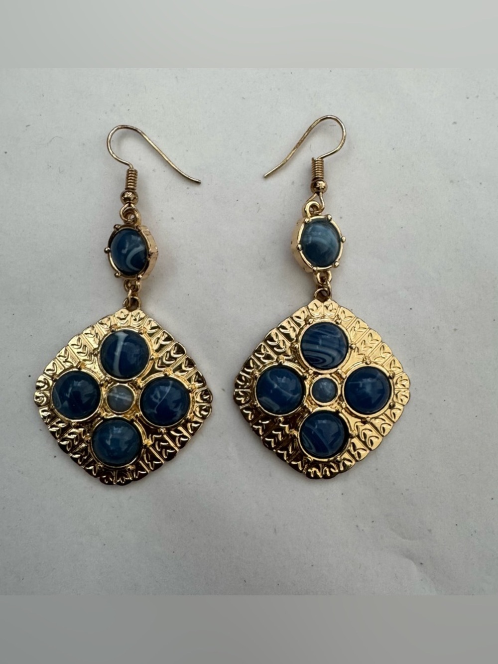 Ornate Gold & Marbled Blue Stone Dangle Earrings - Women Jewelry